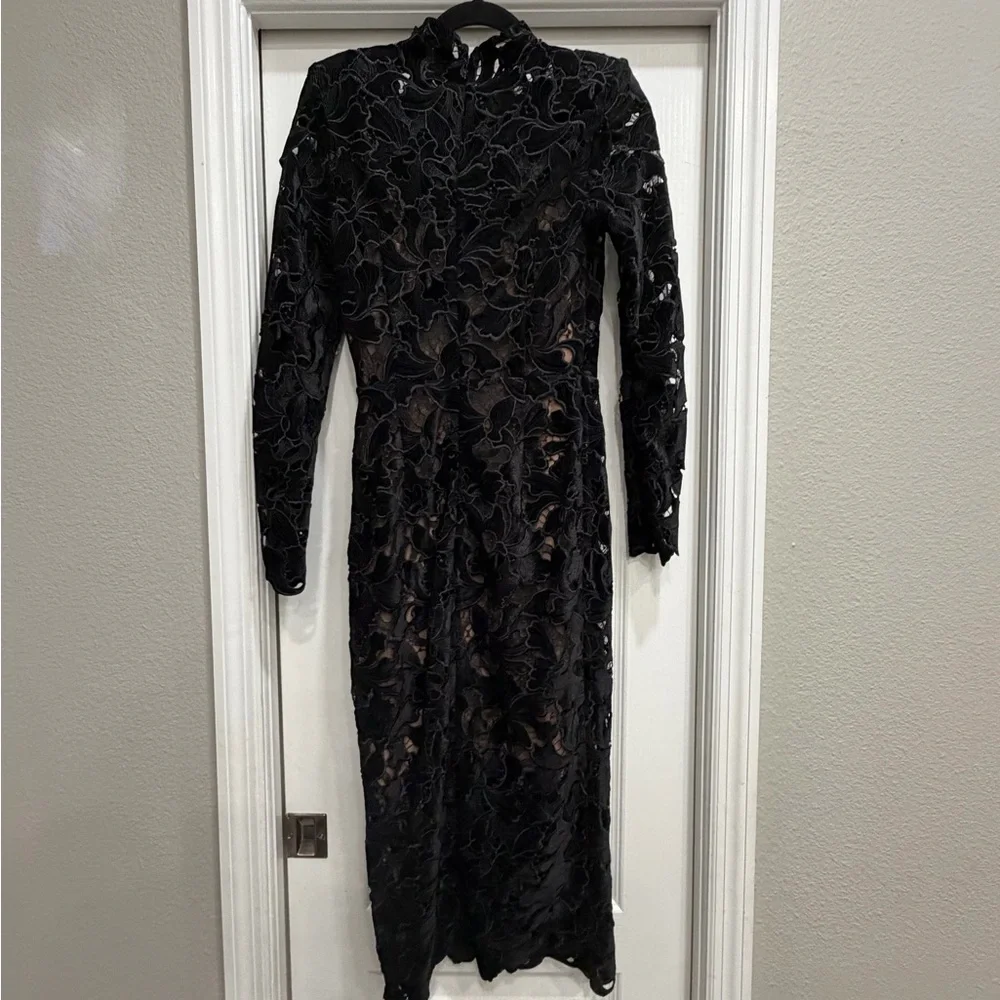 NADINE MERABI Black Floral Lace Long-Sleeve Midi Dress